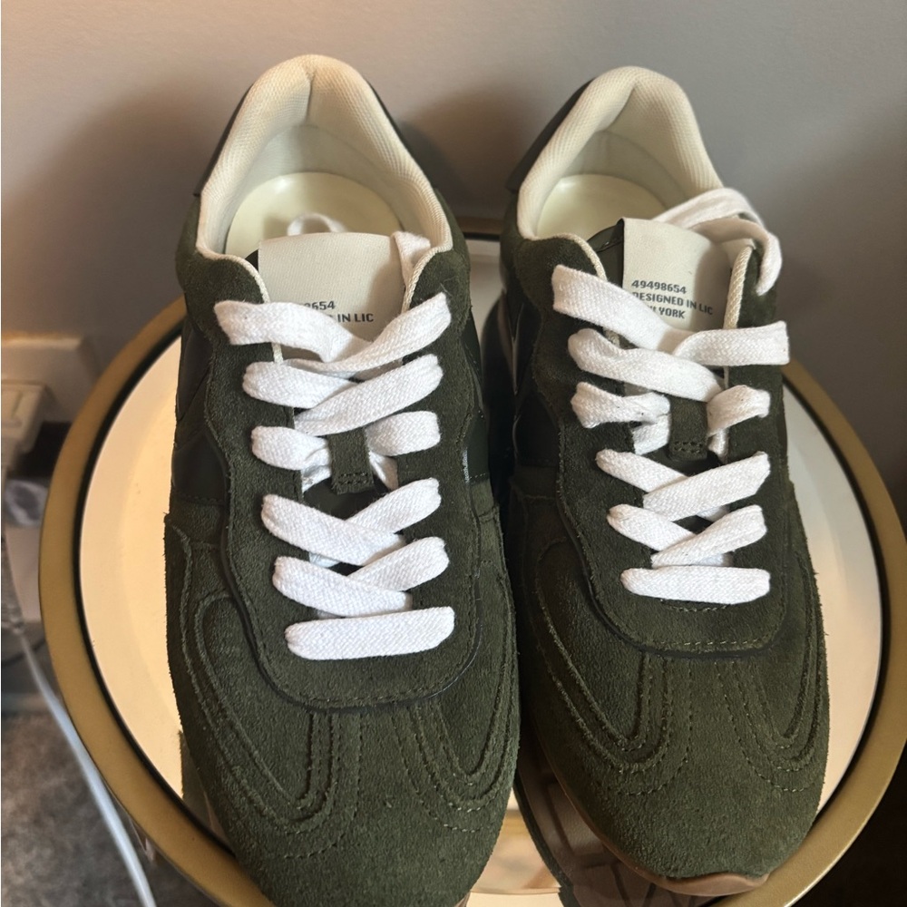 Steve Madden Leather Olive Green Suede Sneakers - Casual Lace-Up Shoes-NEW